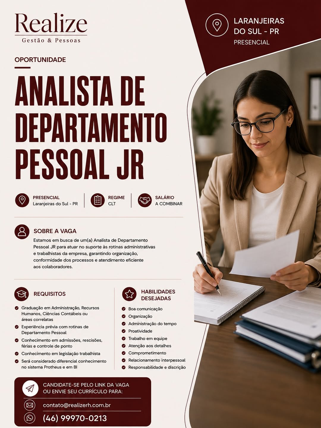 Anúncio da vaga Analista de Departamento Pessoal JR