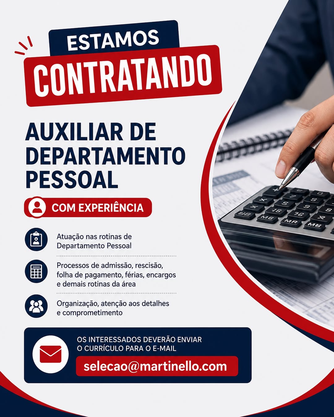 Anúncio da vaga Auxiliar de Departamento Pessoal
