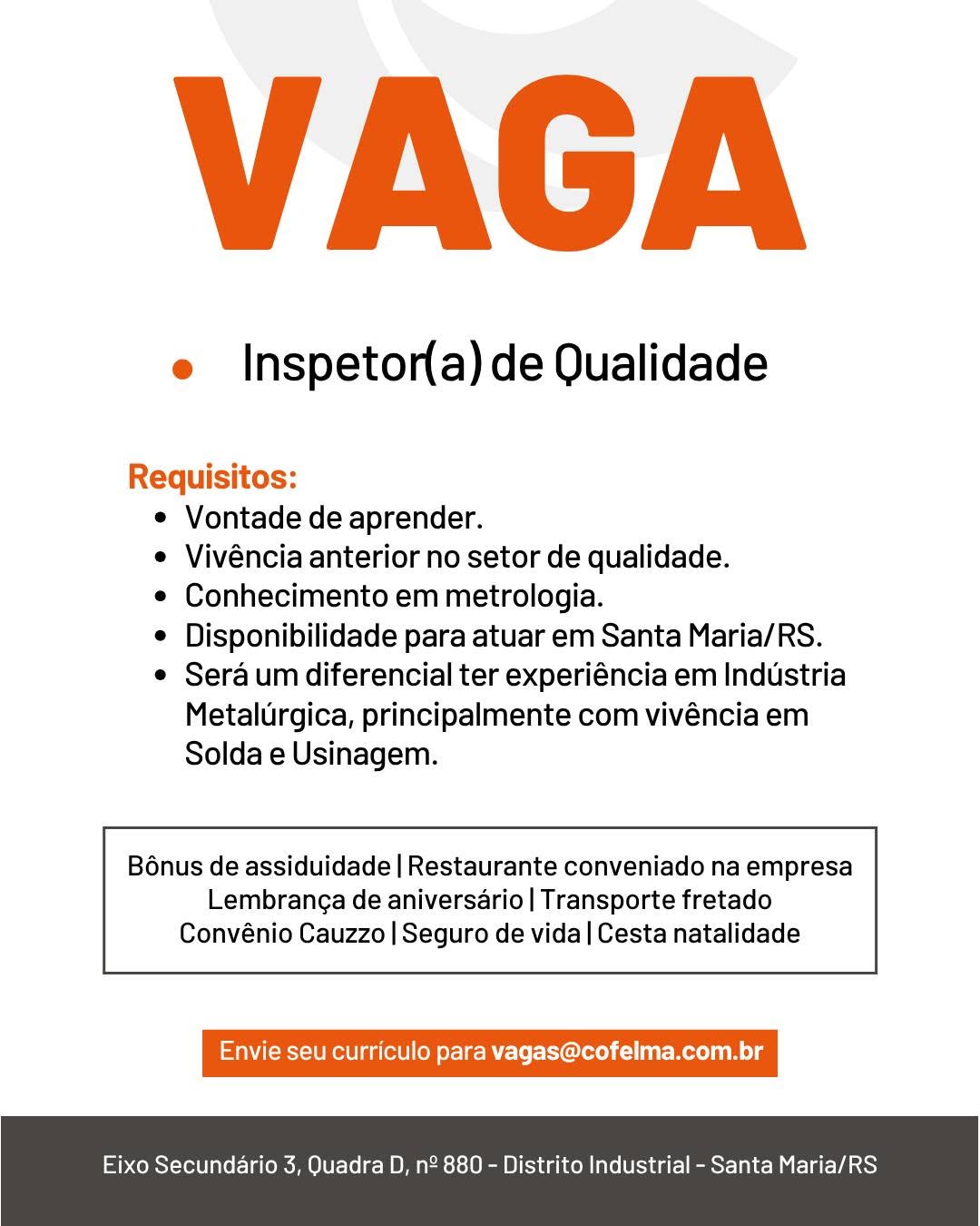 Anúncio da vaga Inspetor(a) de Qualidade